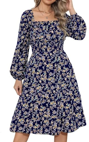 PICKLION Womens Dress Floral Ladies Dresses Long Sleeve A-Line Dress High Waist Casual Midi Dresses Navy Blue M