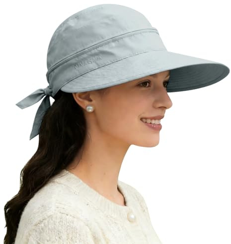 ADUDVLO Sun Hats for Women UK, Stylish UPF 50+ 2-in-1 Detachable Top & Adjustable Visor, Foldable Packable Wide Brim Beach Hat for Travel & Outdoor (Grayish Blue)