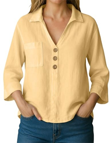 Blusa elegante para mujer, sin arrugas, talla grande, sin planchado, monocolor, blusa básica con cuello, blusas para mujer, blusas para negocios, blusas., amarillo, XXL