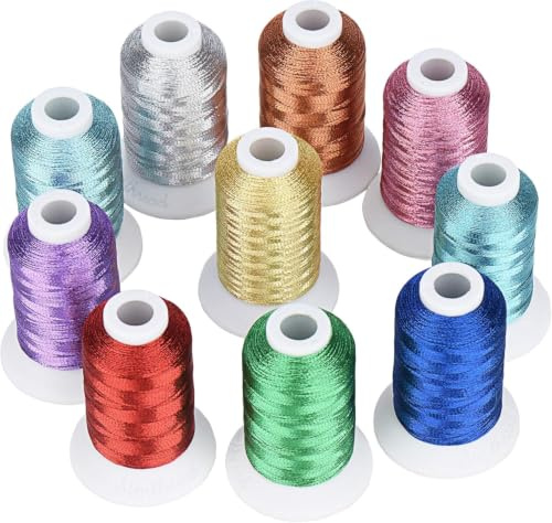 Simthread Kit de fils métalliques pour machine à broder 10 couleurs essentielles 500 m (550Y) pour broderie informatisée et couture décorative – Essential 1