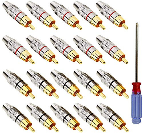QitinDasen 20Pcs RCA Männlich Stecker, Vergoldeter Lautsprecher Phono Cinch Stecker, Audio Video In-Line Klinkenadapter, für Multimedia und CCTV (Roter & Schwarzer Kreis)