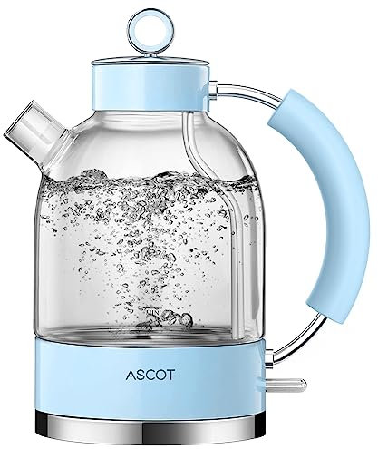 ASCOT Wasserkocher Glas, Elektrischer Wasserkocher Geschenke für Männer/Frauen/Familie 1,5L, Retro Leiser Schnellkochkessel, Trockengehschutz und automatische Abschaltung (Blau)
