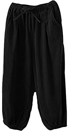 FTCayanz Pantalones anchos de pana para mujer, cintura elástica, algodón, cordón, pantalones harén con bolsillos, Negro , L