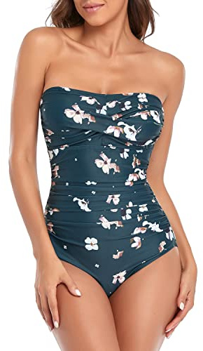 Smismivo Costume da Bagno Senza Spalline, Costume da Bagno per Donne Dimagranti, Motivo Floreale Verde Scuro., S