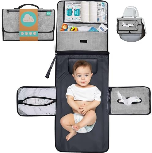 Wickelunterlage für unterwegs kompakte Wickelauflage XL - Kombinierbare abnehmbare Wickeltasche mit 6 Fächern, Tuchspender und bequemes Kissen für den Kopf Ihres Babys (Grau)