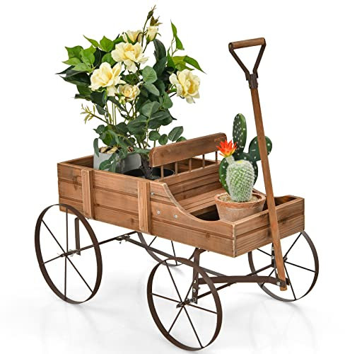 GiantexUK Wooden Wagon Garden Planter, Flower Cart with Long Handle and Flexible Wheels, Outdoor & Indoor Decorative Wheelbarrow Flower Pot Stand (Brown)