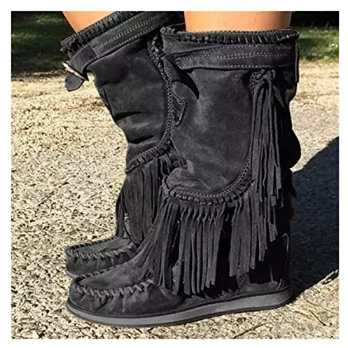 Santiags Western Rétro À Franges Bottes En Daim Vintage for Femmes Boots De Neige Chaudes À Longue Tige D'automne Et D'hiver Chaussures À Enfiler Décontractées for Femmes ( Color : Black , Size : 38 E