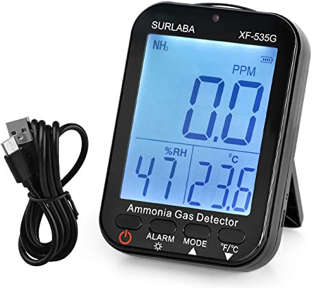 SURLABA Detector de Gas Amoniaco, NH3 Detector de Gas XF-535G Rango 0-100PPM con Prueba de Temperatura y Humedad, Alarma de Luz & Sonido, Monitor Calidad Aire para Hogar, Fábrica, Granjas Avícolas