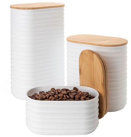 Mixpresso White Canisters Sets for the Kitchen – 3-Piece Airtight Plastic Sugar Container Set with Bamboo Lids in Three Different Sizes – Decorative Modern Storage Jars for Coffee, Tea & Countertops