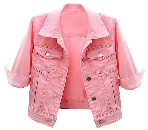 dPois Giacche di Jeans da Donna con Tasche a Maniche 3/4 Giacca in Denim Rosa XXL