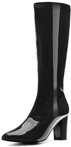 Perphy GoGo Boot Patent Leather Chunky Heels Black Knee High Boots for Women 8 M US