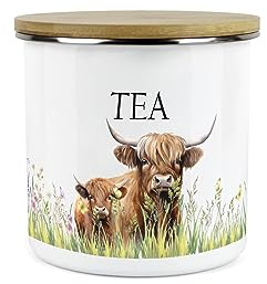 Purely Home Highland Cow & Calf Tea - Country Farm - White Metal Enamel Medium Sized Kitchen Food Storage Container