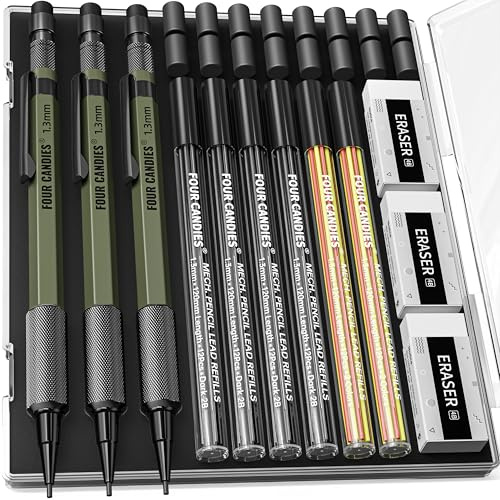 Four Candies 1.3mm Mechanical Pencil Set with 72 Lead Refill, 3PCS Metal Weatherproof Body Heavy Duty Carpenter Pencil, 3 Eraser, 16 Eraser Refill, for Outdoor Woodworking Drafting Marking with Case
