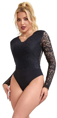 ohyeahlady Women's Sexy V Neck Lace Bodysuits Long Sleeve Body Suit Soft Stretch Leotard Top with Snap Crotch Black Size UK 10
