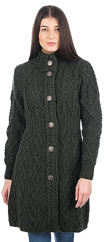 SAOL 100% Merino Wool Irish Cardigan for Women with Celtic Knot Buttons -Aran Long Outdoor Cable Knit Coatigan Army Green