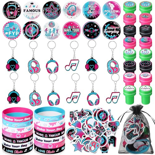 Capoda 110 Pcs Music Party Favor Supplies Kit Media Theme Gift Bag Filler Silicone Bracelets Button Pins Music Keychains Stampers Stickers for Boys Girls Birthday Party Decorations Supplies