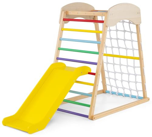 DREAMADE 5 in 1 Kletterdreieck mit Rutsche & Kletternetz & Kletterleiter & Pull Up Bar & Tunnel, Kinder Spielplatz Indoor Klettergerüst aus Holz zum Rutschen & Klettern für Kinder ab 1 Jahr (Bunt)