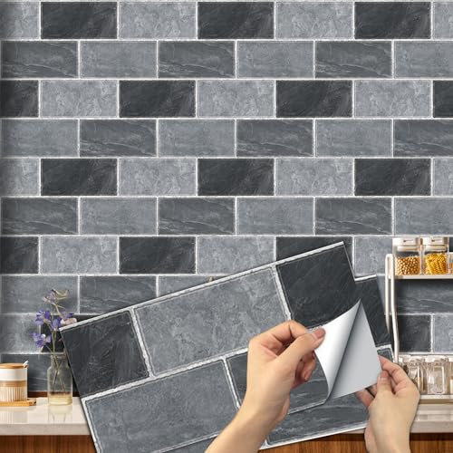 12pcs Kitchen and Bathroom Tile Stickers, Stick on Tiles Waterproof Vinyl Self Adhesive Wall Tile Peel and Stick Tiles Decals for Living Room - 30x15cm (Grey and Black)