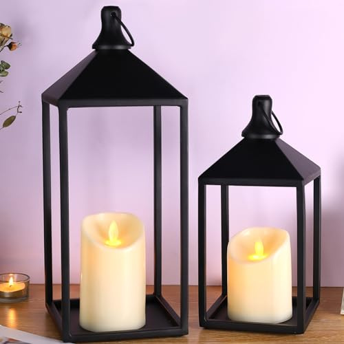 MATAHUM 2 faroles decorativos de granja con velas LED parpadeantes sin llama, linternas de metal negro decorativas para decoración del hogar, chimenea o centro de mesa, decoración de linterna de
