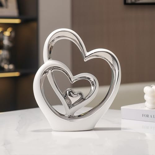 ODMYZG Statua in ceramica a doppio cuore,Elegante cuore per la decorazione,scultura decorativa per la casa,soggiorno,decorazione dell'ufficio,adatta come regalo.