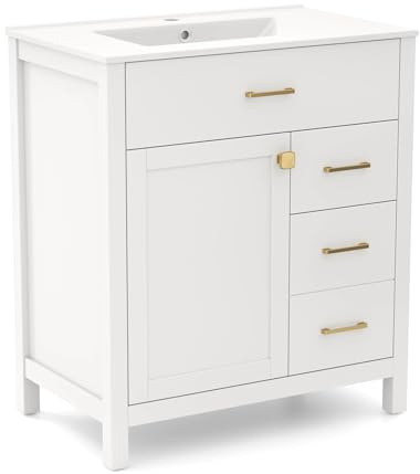 COSTWAY Bathroom Vanity Unit with Basin, 760mm Freestanding Bathroom Sink Cabinet with Drawers, Adjustable Shelf and Door, Cloakroom Vanity Ceramic Wash Basin Under Sink Storage Cabinet, White