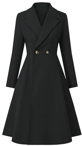 xxxiticat Femmes Long Laine Trench Manteau Hiver Chaud Encoche Revers Double Boutonnage Ligne A Plissé Robe Manteau Peacoat