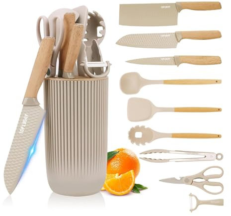 Cooking Utensils Set, 10-in-1 Knife Sets with Block and Kitchen Utensils Set, Kitchenware Cookware Set with Knife Set and Utensils Holder, Silicone Spatula Set for Kitchen (Khaki A)