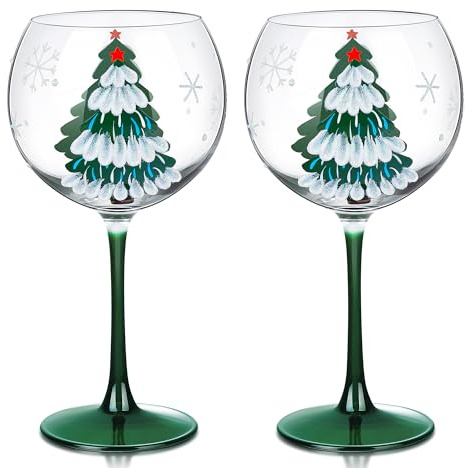 Joeyan 580ml Grandes Copas de Vino Tinto de Navidad,Juego de 2 Copas Balón con Tallo para Borgoña y Gin Tonic,Acabado Cristal con Diseño Pintado a Mano-Árbol Verde & Copos,Regalo de Fiestas y Navidad