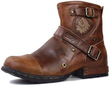 OSSTONE Hombres Vintage Marrón de Botas de motocicleta Caminar Tobillo con cordones de cuero Chukka para los de Piel Zapatos hombres Combate Militares OS-5008-1-BP-ES-R