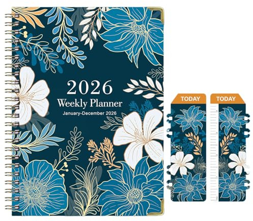 2026 Floral Print Calendar Book with Paper Bookmark, Deep Blue Weekly & Monthly Planner for Home, Office, and School, Thick Paper, A5 Size, Elegant Gift Organizer