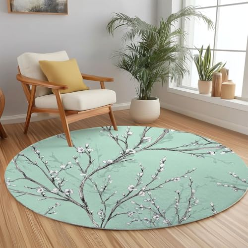 Tappeto Rotondo Piante Primaverili Rami Di Salice Fiori 80 cm Tappeto Salotto Camera da Letto, Pittura A Inchiostro Antiscivolo Tappeti Rotondo Lavabile Tappeti Rotondo per Cucina Tavolino Balcone