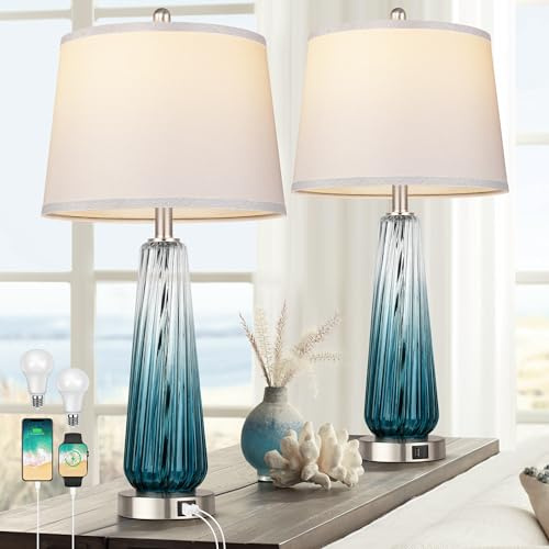 Table Lamps Set of 2 with Touch Control, Modern Glass Bedside Lamps with USB A+C Ports, 3-Way Dimmable Nightstand Lamp with White Fabric Shade, 27.5 Large Lamps for Living Room Bedrooms Decorations