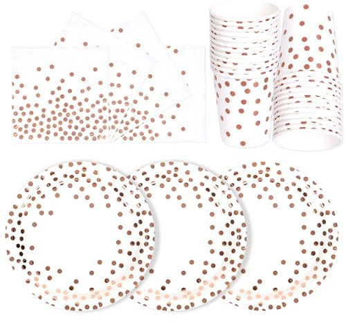 PYAILI Anniversaire Vaisselle de fete 72 Pièces Or Rose Blanc Party Assiettes en Papier Set Assiettes de Fête Jetables Papier Tasses Serviettesr, pour Barbecue les Fêtes les Pique-niques -24 Invités