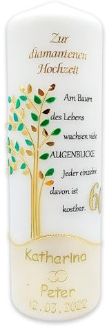 Hochzeitskerze DH-08 Diamantene Hochzeit inkl. Namen und Datum in vers. Farben, HANDARBEIT - Geschenkverpackung/Kerzenständer optional