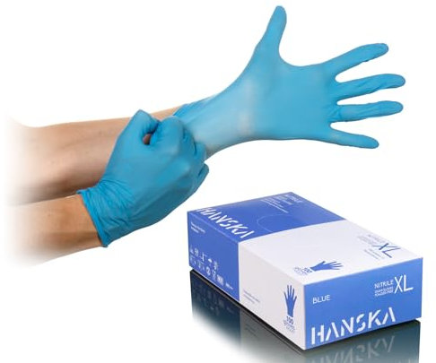 HANSKA 100 Guanti Monouso Nitrile Blu - Senza Polvere - Usa e Getta- Ambidestri - Non Sterili - Base di Gomma - Adatti per Ambiti Medici, Manipolazione degli Alimenti (100, XL)
