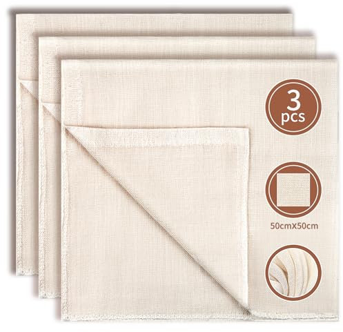 Nenull 3 Pièces Etamine Alimentaire 50x50cm Cheese Cloth Mousseline Lavable Réutilisable Coton Lin Écru Étamine pour Confiture Filtrer Fromage Beurre Jus Lait de Noix