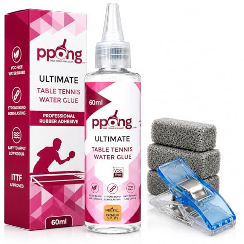 PPong Table Tennis Glue 60ml – Professional Water Based Ping Pong Rubber Adhesive – VOC Free Table Tennis Bat Glue with Applicator Sponges for Racket Rubber Replacement