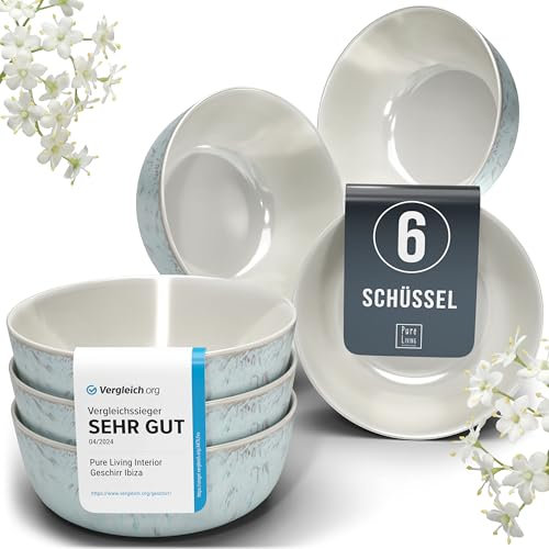 Steingut Müslischalen 6 Personen Ibiza TESTSIEGER, Traumhaftes Mediterranes Steingut Müsli Schüssel Set, Kleine Schüssel, Müslischale - Pure Living in Blau-Beige