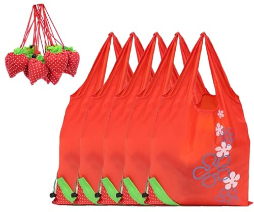 Wobestod 5 Pezzi Borse per la Spesa Pieghevoli Riutilizzabili a Forma di Fragola - Borsa a Tracolla ECO
