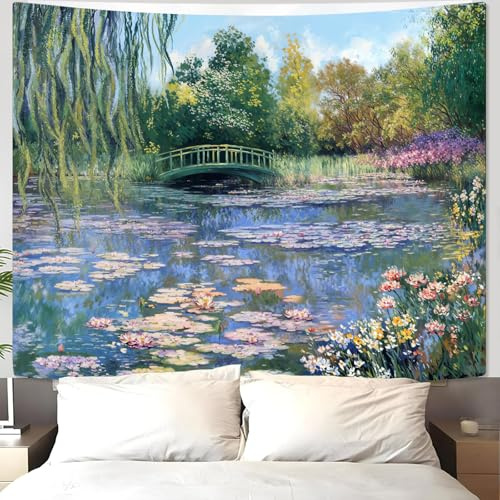 Accnicc Monet Water Lilies Tapestry Extra Large Green Floral Plant Tapestries Aesthetic Monet Wall Art Posters Nature Flower Garden Landscape Tapestrys for Bedroom Living Room Dorm 90 x 68 Inch