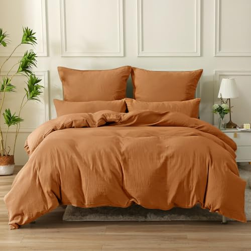 SOULFUL Doppelte Muslin Bettwäsche 135x200 4 Teilig Baumwolle, Bettwäsche-Sets 2er Set Bettbezug mit 2 Kissenbezüge 80x80 cm, ÖKO-TEX Bettwäsche Caramel mit Reißverschluss