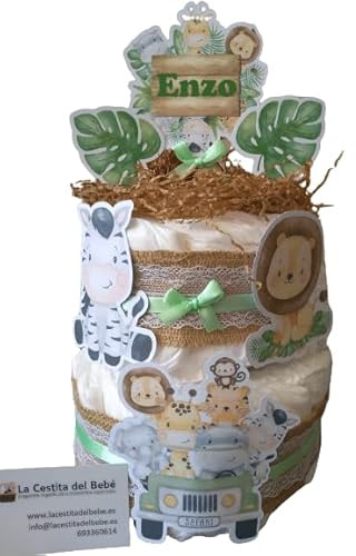 Tarta de Pañales Safari para Bebé, Decoración con Animales de la Selva, Diseño 3 Pisos con Lazo Verde, Regalo para Baby Shower