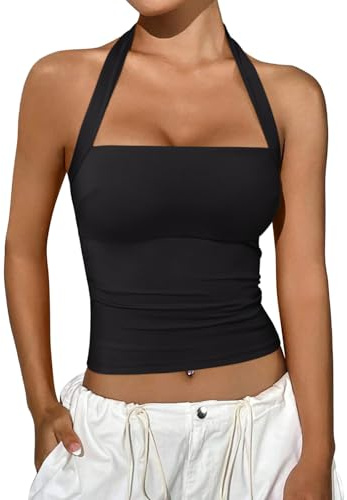 REORIA Halter Tops for Women Summer Sleeveless Going Out Outfits Y2K Trendy Cute Crop Tank Top Clothes Black Small