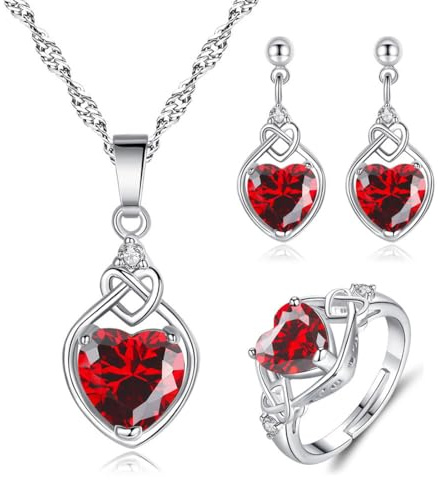 AOWVUTS Parure Bijoux Femme en Argent Sterling 925 Ensembles Coeurs Cristaux de Zircone Pendentif Coeur Collier Boucles D'oreilles Bague pour Petite Amie Épouse Saint-Valentin Fete Des Meres