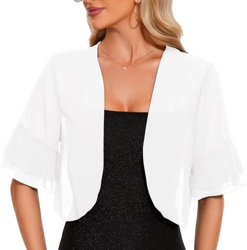 Cropped Cardigan for Women, Chiffon Bolero Shrug Short Jacket, Ladies Open Front Sheer Shawl Tops for Evening Wedding Party