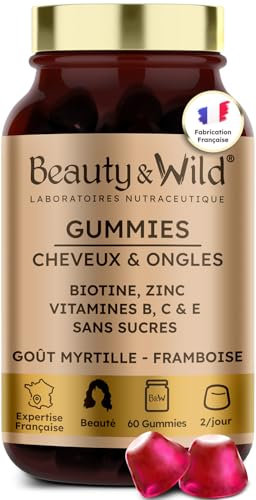 Gummies Cheveux et Ongles – Biotine, Zinc, Vitamines B6, B9, C, D3, E – 60 Gummies Sans Sucres – Croissance, Fortification, Brillance – Goût Myrtille Framboise – Fabriqué en France – Cure 30 Jours