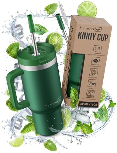My Vesperbox Kinny Cup – Edelstahl Thermobecher mit Henkel & Strohhalm (500/950 / 1200 ml) – Isolierbecher To Go für Kaffee, Eis & Alltag – BPA-frei, Auslaufsicher, Spülmaschinenfest