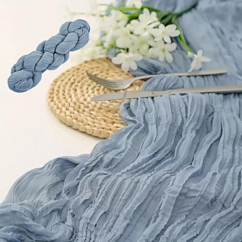Camino de mesa rústico de gasa bohemia azul neblina, 90 x 300 cm, tela de estopilla lavable en azul grisáceo suave para bodas, cumpleaños, fiestas y vacaciones, tela decorativa de muselina para