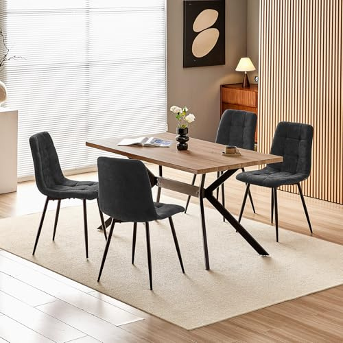 Wafting Matgrupp matbord med 4 stolar, 140 × 80 × 73 cm matbord med mörk träkorn och vadderade svarta matstolar med linnedesign och högt ryggstöd, för matsal, kök, vardagsrum