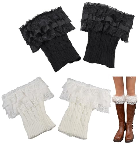 CABODYALS 2 Paris Black White Ruffle Lace Boot Cuff Socks Summer Winter Fashion Decorative Stretch Crochet Laced Trim Leg Warmers Toppers Short Knitted Cuffs Calf Socks Bulk for Women Gift Accessories